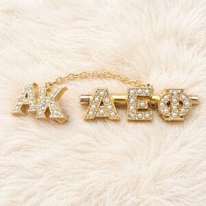 Vintage Alpha Epsilon Phi Sorority Pearl Rhinestone Brooch Safety Chain Pin Gold